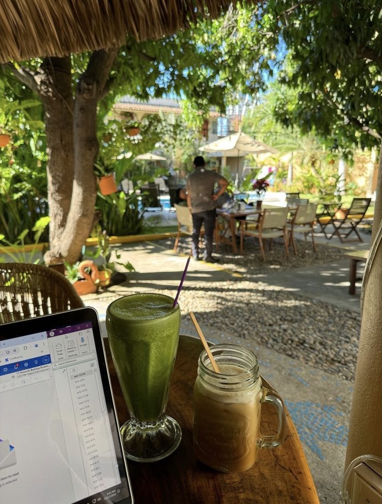 coffee and green juice at casa losodeli coworking for blog post on how many days in Puerto Escondido